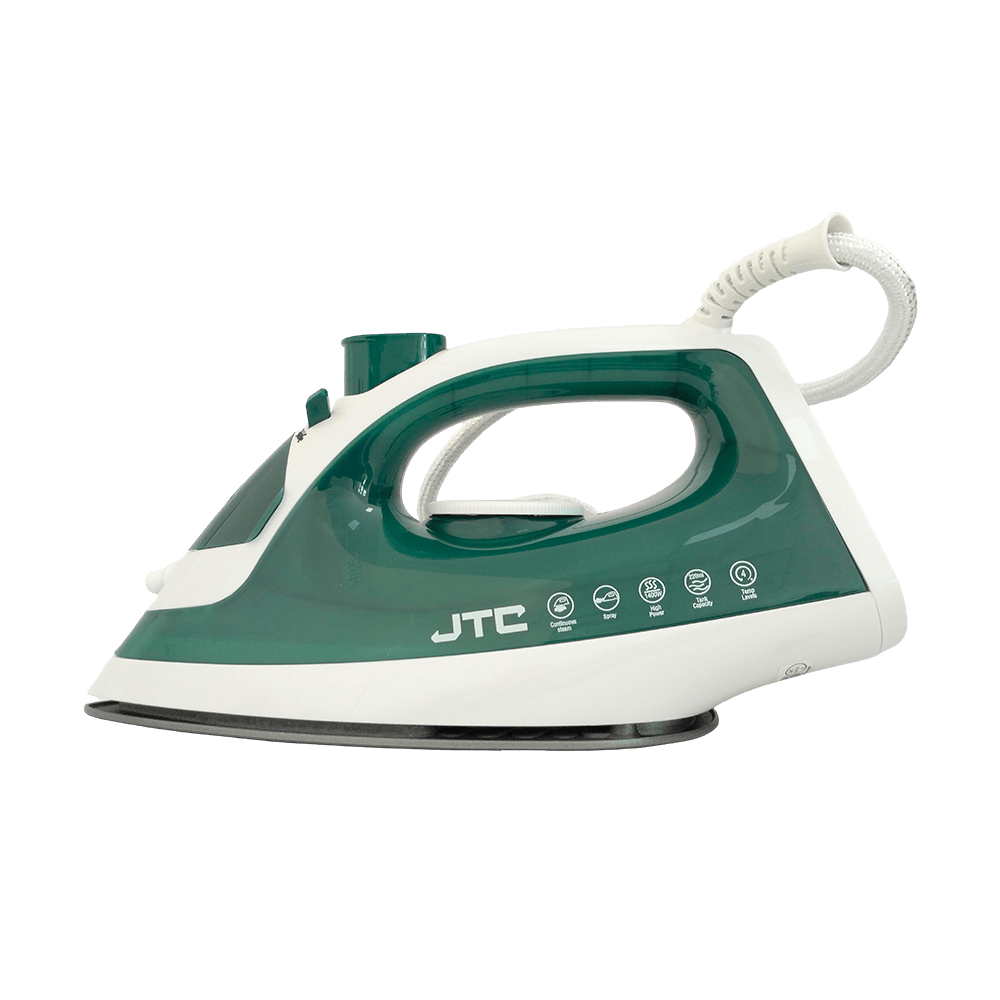JTC EC11009-GS steam iron retail box showing product features including dry, spray, steam, variable steam control, vertical steam, 220ml water tank, 1400W power, and non-stick soleplate specifications