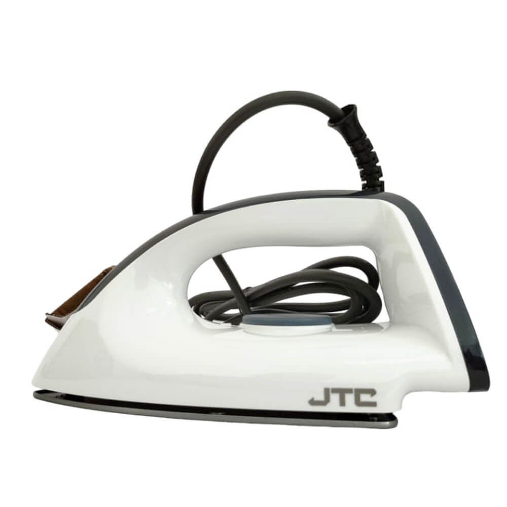 JTC ECI1012-GS white dry iron with ergonomic handle, non-stick soleplate, brown temperature control dial, and black swivel cord