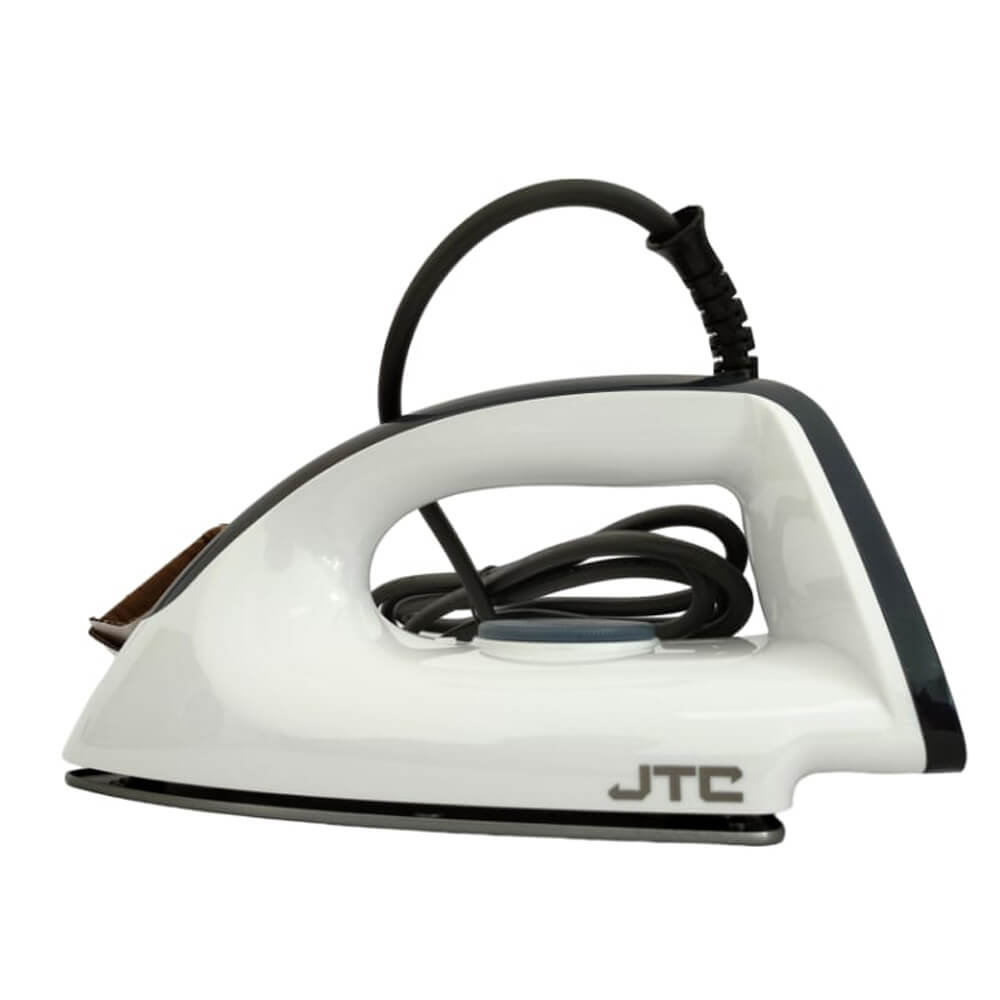 JTC ECI1012-GS white dry iron with ergonomic handle, non-stick soleplate, brown temperature control dial, and black swivel cord